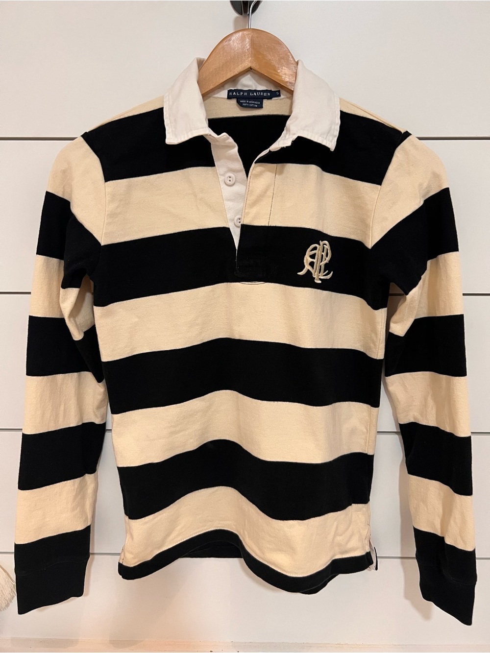 Ralph Lauren Black and Ivory Cream Wide Stripe Rugby Small Preppy Academia